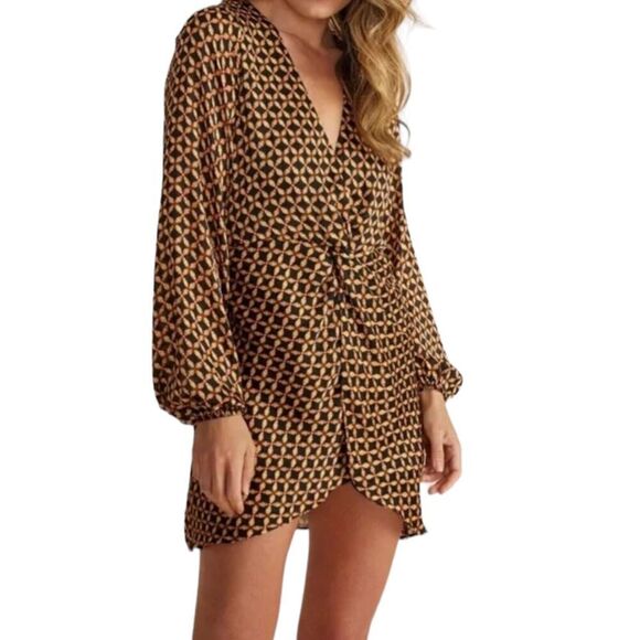 Minkpink Dress WMNS XS Brown Valentina Twist Knot Wrap Front Floral Mini REVOLVE - Picture 13 of 13